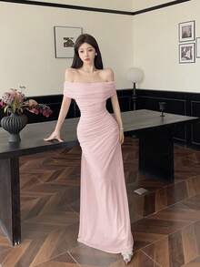 NOVVYNE 女士露肩褶皱腰身优雅婚礼/场合礼服 - 淺粉色 - 查看 8