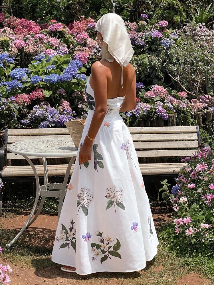 Floral Print Halter Backless Waist Gathered Dress, Elegant Bohemian Summer Holiday Long Dress For Women
