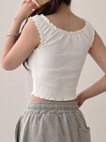 DAZY Women Solid Color Frill Trim Front Tie Cropped Camisole Summer Cute Top - White - View 5