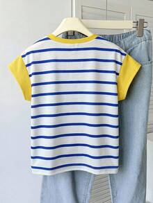 SHEIN Áo thun ngắn tay cổ tròn kẻ sọc dành cho nữ tuổi teen, kiểu dáng tối giản, thích hợp mặc ở nhà. - Nhiều màu - Xem 2