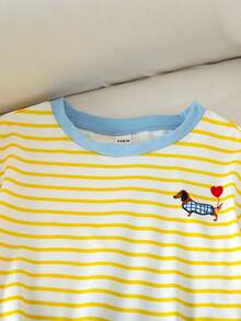 SHEIN 2 chiếc/Bộ Áo thun sọc thường ngày cho bé gái với họa tiết chó con dễ thương và quần legging - Nhiều màu - Xem 11