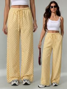 SHEIN Tall Quần dài màu nâu, quần mùa đông, quần Giáng sinh, quần năm mới, quần dệt chấm bi nâu, quần ống rộng thắt eo dành cho nữ, quần chấm bi nâu, quần chấm bi nâu, quần mùa thu, quần áo mùa thu cho nữ, quần áo mùa đông cho nữ - Vàng nhạt - Xem 1