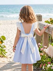 Emery Rose Kids Emery Rose Kids Young Girl Woven Colorblock Striped Square Collar Ruffle Hem Knit Dress - Blue - View 2