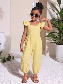 SHEIN Young Girl Textured Ruffle Sleeve Loose Jumpsuit - Yellow - View 4