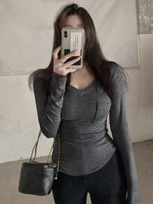 DAZY Women's Solid Color Simple Daily Long Sleeve T-Shirt Summer - Dark Grey - View 4