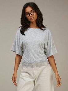 Athîral 女士夏季休闲蕾丝拼接蝙蝠袖收腰T恤 - 灰色 - 查看 2