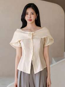 DAZY Áo kiểu nữ thanh lịch, xếp ly, trễ vai, cổ bẻ, dáng ôm, thiết kế thắt eo, thích hợp cho mùa xuân và mùa hè. - Màu be - Xem 4
