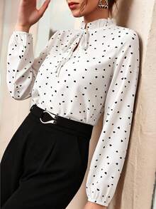 Modelyn Fashionable Youthful French Style Heart & Polka Dot Long Sleeve Stand Collar Ruffle Loose Slimming Versatile Women's Blouse - White - View 2