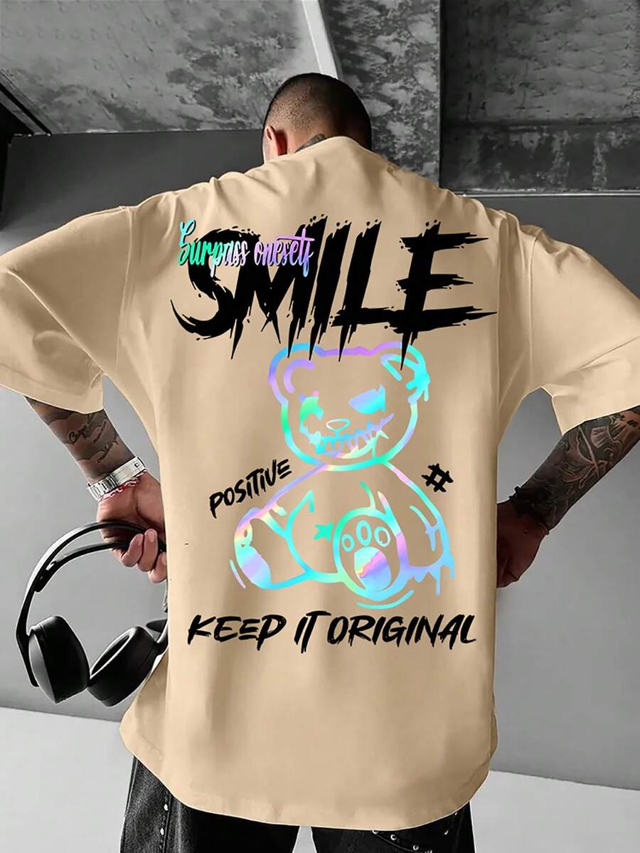 Manfinity Dauomo Kaos Kasual Pria Lengan Pendek Leher Bulat Motif Huruf & Kartun Beruang - MultiWarna - View 1