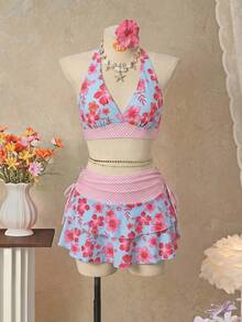 Bellisia 26SS Orange Halter Neck Triangle Bikini Top With Matching Skirt 3 Pieces Set, Beach/Resort Wear - Multicolor - View 4