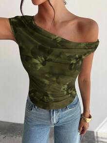 Firerie Women's Asymmetric Ruched Cropped Top,Summer Top - Army Green - View 7