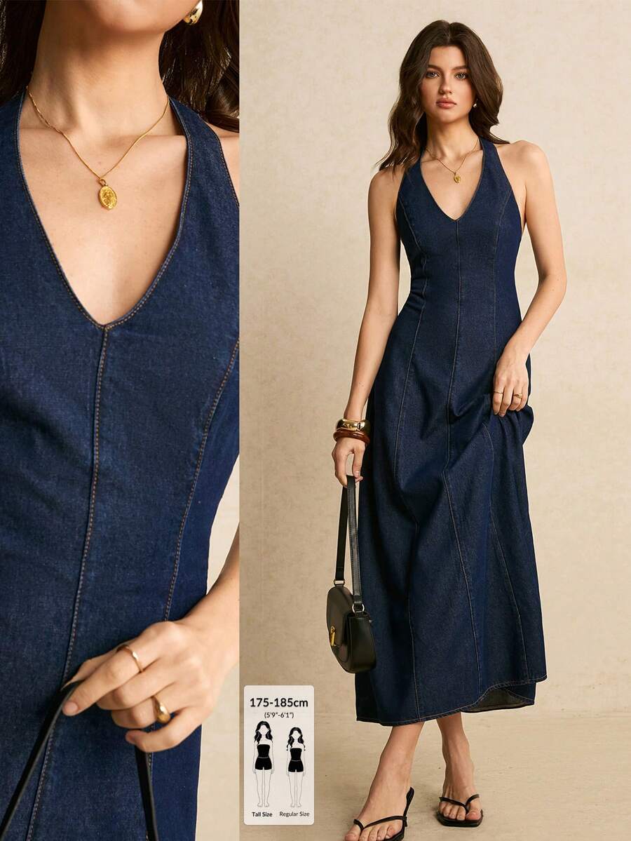 SHEIN Tall 高个女式吊带牛仔长裙，休闲日常及夏季街头风连衣裙，适合女士牛仔连衣裙、休闲日常及派对穿着 - 深色水洗藍 - 查看 1