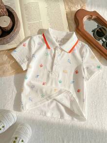 SHEIN LMoss Kids 男宝宝夏季休闲可爱恐龙图案撞色针织短袖polo衫，适合生日派对、晚宴、演出、婚礼、满月庆典、洗礼、周岁生日派对、迎婴派对等场合。 - 彩色 - 查看 3