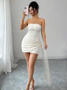 Franclia Women's Elegant Sexy Party Tube Top Short Sequin Sequins Mesh Fabric Irregular Ruffle Hem Cocktail Dress - White - View 3
