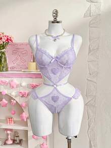 PetitDoll Bộ đồ ngủ liền thân dễ thương và lãng mạn dành cho nữ, họa tiết trái tim và nơ ren. - Màu tím hoa cà - Xem 1