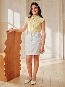 Anewsta Tween Girls' Sweet Cute Solid Color Faux Pearl Ruffle Armhole Blouse, Summer - Yellow - View 6