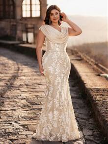 Glamrae Plus Size White Luxury Sequin Patchwork Draped Neck Chiffon Mermaid Hem Formal Gown Bridal Evening Formal Spring Elegant - Apricot - View 7