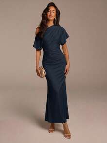 COSMINA Women's Apricot Ruched Fishtail Hem Sleeveless Casual Dress, Suitable For Vacation, Commute, Party, Wedding - Navy Blue - View 1