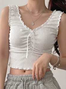 DAZY Women Solid Color Frill Trim Front Tie Cropped Camisole Summer Cute Top - White - View 6