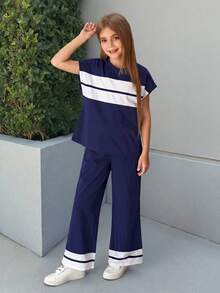 SHEIN 2件套女童宽松撞色T恤上衣+裤子，休闲时尚百搭春夏新款2026 - 藍色 - 查看 4