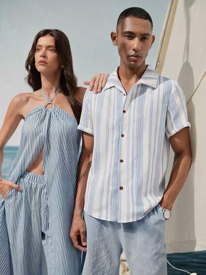 StoneGrade เสื้อเชิ้ตแขนสั้นลำลองอเนกประสงค์แบบกระดุมด้านหน้าพิมพ์ลายทางสำหรับผู้ชาย