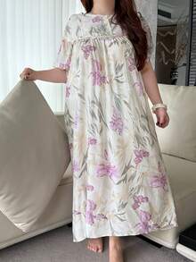 Dazy Plus Floral Print Loose Contrast Lace Elegant Long Nightgown, Plus Size Women Spring/Summer Sleepwear - Purple - View 2