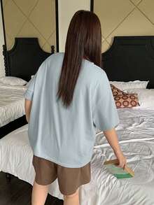 Dazy Plus 2pcs Casual Lounge Wear Set, Loose Short Sleeve Top And Elastic Waist Shorts, Spring/Summer Plus Size Women Pajamas - Baby Blue - View 2