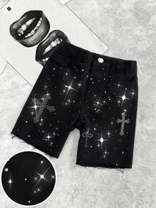 SHEIN Boys' Summer New Denim Shorts With Rhinestone Decor, Elastic Waist, Fashionable Street Style, Comfortable Fit, Versatile For Summer Back-To-School 80s - Black - View 3