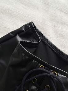 Attitoon Casual Y2K Streetwear Style Grommet Decor Elastic PU Sexy Low Waist Shorts For Women, Suitable For Spring/Summer - Black - View 5