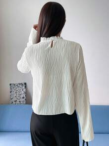 DAZY Frill Neck Keyhole Back Tee,Fall Clothes Long Sleeve Women Tops - Beige - View 2