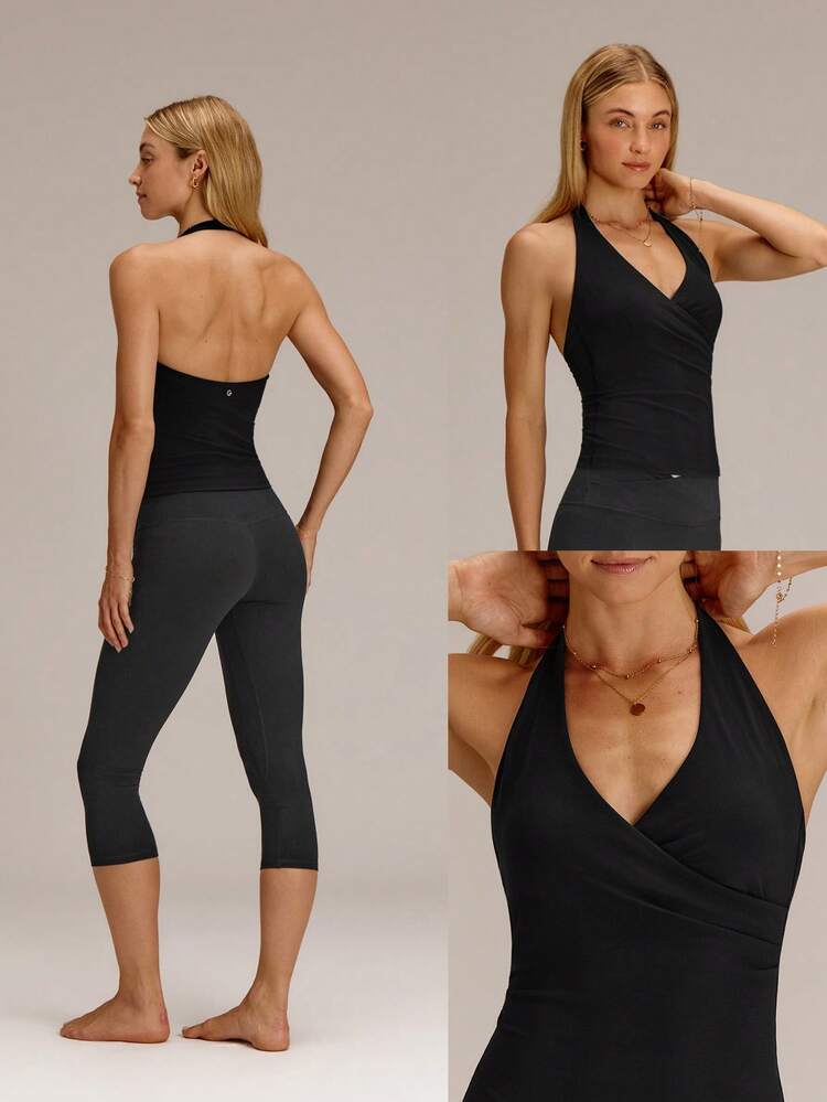 FeatherFit™ Breathable Lightweight Waist Length Side Mesh Push Up Crossover Halter Tank Yoga Pilates