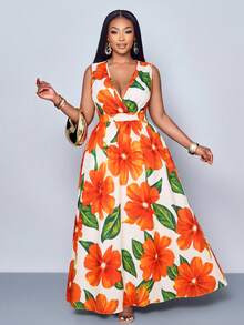 SOLERSUN Women's Plus Size Simple Everyday All Over Print Deep-V Neck Sleeveless Long Dress (Random Printing) - Coral Orange - View 5