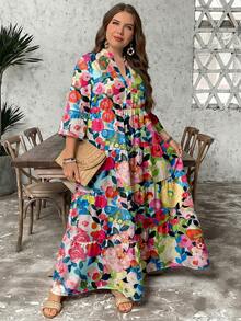SHEIN LUNE Plus Size Women Casual Elegant All-Over Floral Print Dress, Suitable For Autumn/Winter - Multicolor - View 1