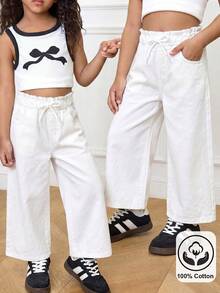 SHEIN Girls & Teens White Casual Denim Jeans,Back-To-School Drawstring Elastic Waist,Mid-Rise,Loose Fit,Pockets,Wide Leg,Comfortable For Daily Wear,Dancing - White - View 7