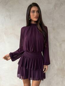 Aloruh Women's Sexy Elegant Halter Waist Ruched Ruffle Hem Long Sleeve Mini Dress - Purple - View 8