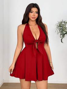 Sunnyshic Plus Size Elastic Knit Tie Bow Decor Dress Fall - Red - View 5