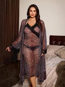 Slumberist Sexy Spaghetti Strap Leopard Print Mesh Lace Trim Slit Maxi Robe, Plus Size - Multicolor - View 10