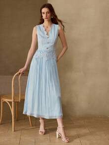 MOTF PREMIUM ELEGANT COMMUTER LIGHTWEIGHT DRESS, V-NECK SLEEVELESS WAIST CINCHED FLARED DRESS WITH LACE & CHIFFON PANELS, LIGHT BLUE, SPRING/SUMMER - Baby Blue - View 5