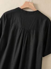 Rusticease Solid Color Round Neck Short Sleeve Front Button Loose Fit Mid-Length Dress For Women Travel Black Summer Casual Vacation - Black - View 5