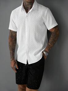 SLATEMANN Men's Summer Casual Vacation & Commute Textured Fabric Sequin Short Sleeve Shirt And Drawstring Waist Shorts Set - Multicolor - View 5