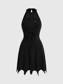 ROMWE Women's Gothic Patchwork Mesh Five-Pointed Star Asymmetric Hem Mini Dress - Black - View 1
