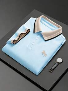 Calvornis Men's Jacquard Collar Embroidered Short Sleeve Casual Polo Shirt, Formal - Baby Blue - View 2