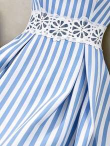 SHEIN Holidaya Women's Summer Blue And White Stripe Spaghetti Strap Midi Dress, Hollow Lace Waist A Line Dress, Lightweight Elegant Boho Chic Outfit For Beach - Baby Blue - View 11