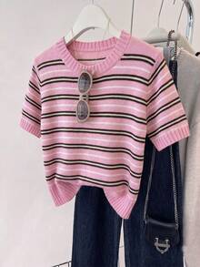SHEIN 新款春夏韩版休闲宽松个性条纹撞色针织女式上衣 - 粉色 - 查看 5