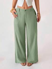 SHEIN PETITE 100% Washed Cotton Low Waist Straight Pants ,Petite Women - Mint Green - View 4