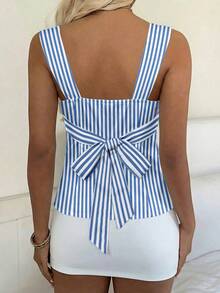 CovetEZ 2026 New Sweet Blue And White Stripe Summer Casual Vacation Camisole Top,Contrast Color Splice Open Back Tie Chic Y2K Party Beach Outings Street Style - Multicolor - View 2