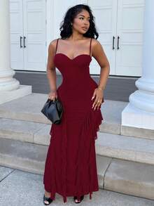 Alexandranx Spring Summer Vacation Red Solid Color Sexy Elegant Spaghetti Strap Ruffled Fishtail Backless Metal Button 3D Flower Ribbon Sexy Dress Party - Burgundy - View 3
