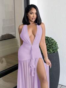 Alexandranx 性感極簡純色黃奶油色深V領掛脖貼身抓皺修身女款網紗長洋裝 夏季派對優雅 - 淡紫色 - 查看 3