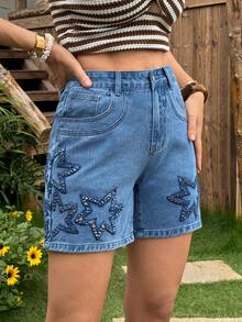 Breezaya Quần short denim bó sát thời trang rách rưới, thêu hình ngôi sao dành cho nữ. - Màu xanh lam - Xem 5