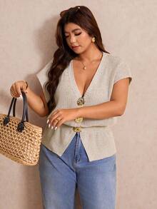 Elaquor Áo khoác cardigan mùa hè dáng rộng, cài kim loại, cổ chữ V, tay cánh dơi - Màu Khaki - Xem 5